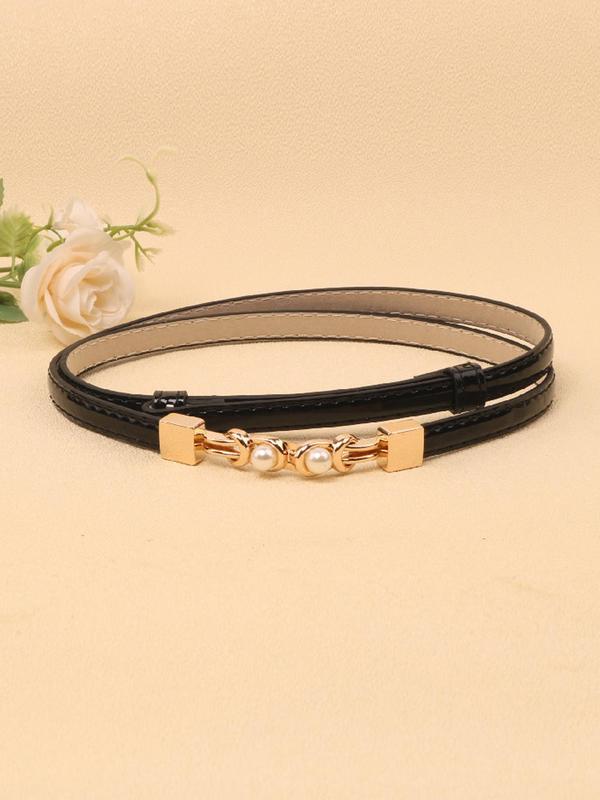 Women's Elegant Solid Color Faux Pearl Design PU Symmetrical Buckle Belt, Fashion Zinc Alloy Skinny Belt For Dress & Jeans