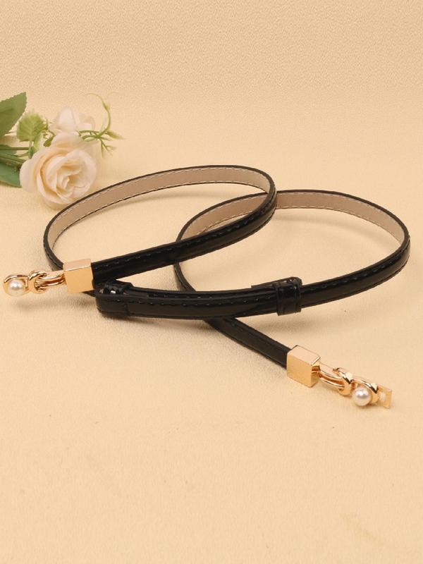 Women's Elegant Solid Color Faux Pearl Design PU Symmetrical Buckle Belt, Fashion Zinc Alloy Skinny Belt For Dress & Jeans