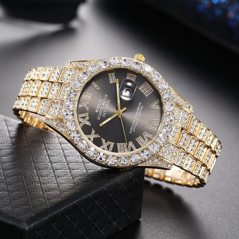 Diamond Dial Roman Scale Steel Watch Men's Calendar Quartz Watch Starry Men's Watch