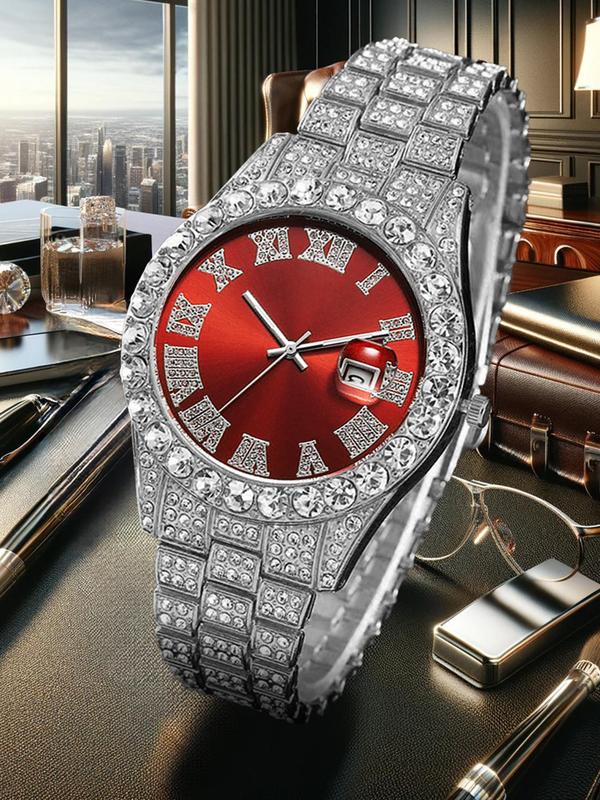 Men's Business Rhinestone Decorated Round Dial Analog Quartz Watch, Fashion Watch with Calendar Feature for Party, Daily Decor, Exquisite Watch for Birthday Gift with Box