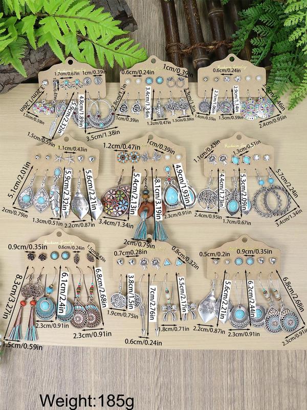 Vintage Boho Style Turquoise Texture Design Earrings Set, Fashionable Hollow Jewelry Set for Women & Girls, Trendy Accessories for Party and Daily Life