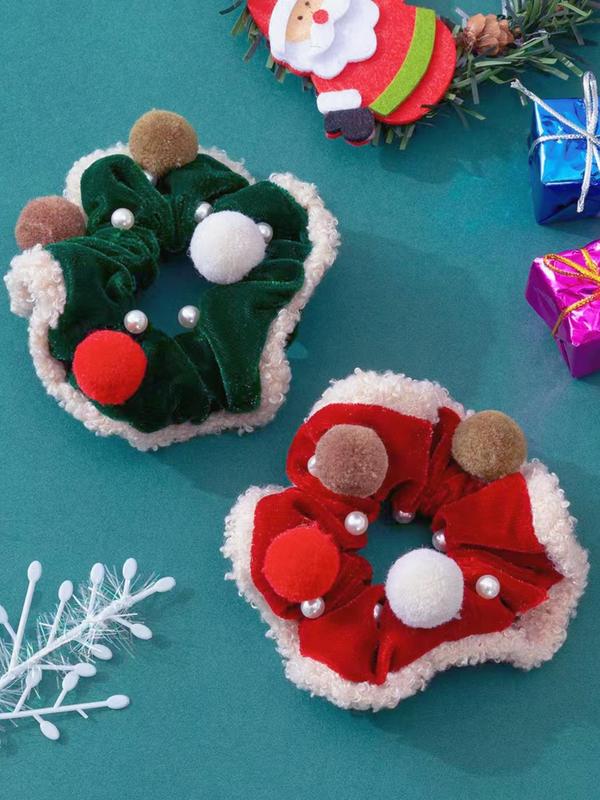 Cute Christmas Themed Hair Ties, 2024 New Style Plush Hair Ties with Pom Pom Decor, Fashion Hair Accessories for Women, Hairstyles Ideas for Girls