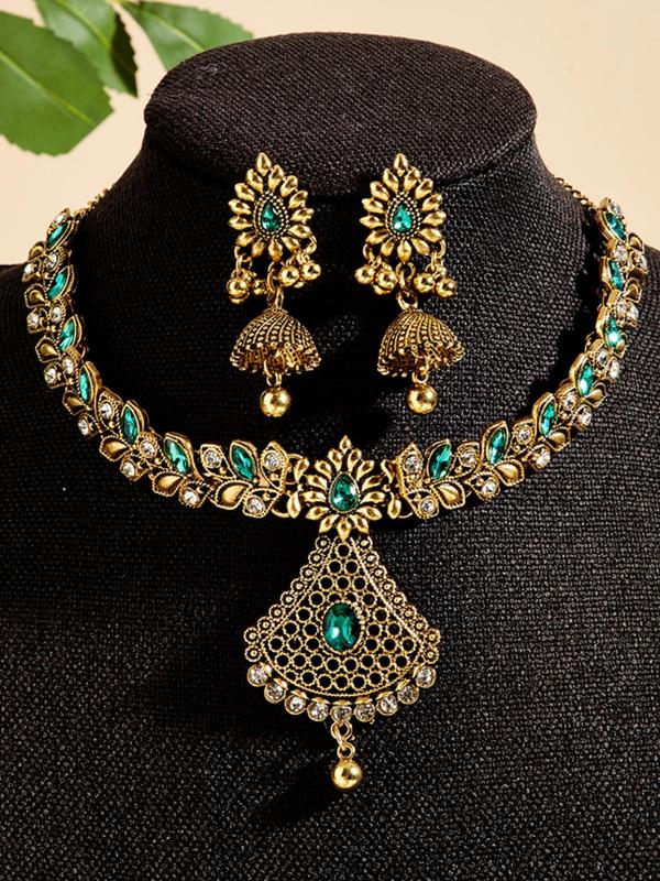 Women's Elegant Boho Style Jewelry Set, Exquisite Trendy Rhinestone Decorated Pendant Necklace & Dangle Earrings, Chic Jewelry Set for Party Decoration