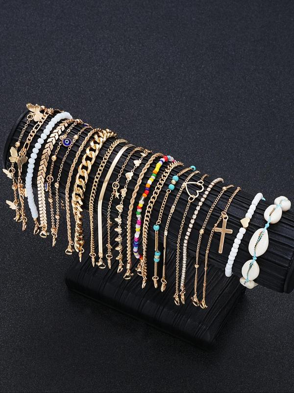 Boho Style Colorblock Beaded & Chain & Heart & Shell & Rhinestone Design Anklets, 22pcs Stylish Anklets for Women, Trendy Exquisite Jewelry As Gift