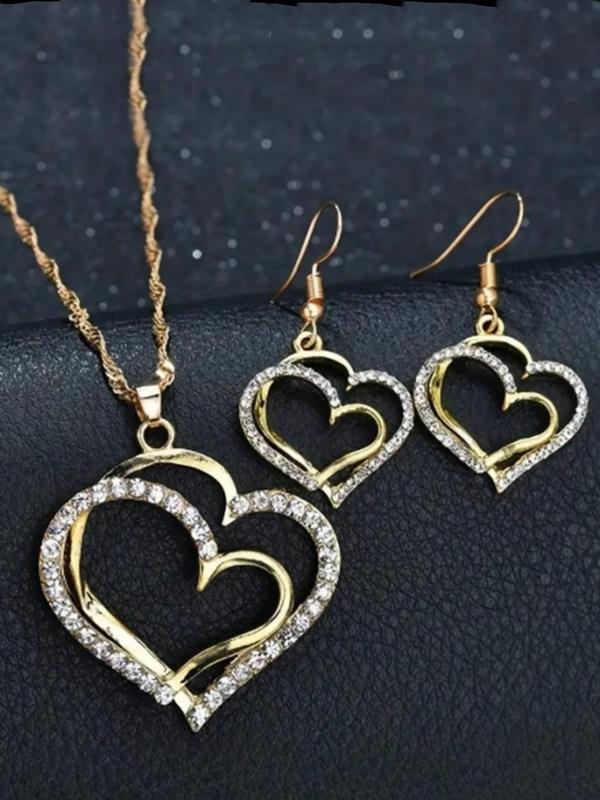 Rhinestone Decorated Hollow Heart Shaped Pendant Necklace & Dangle Earrings, 3pcs Exquisite Fashion Alloy Jewelry Set for Wedding Engagement Bridesmaid Outfit Prom, Holiday Gifts for Women