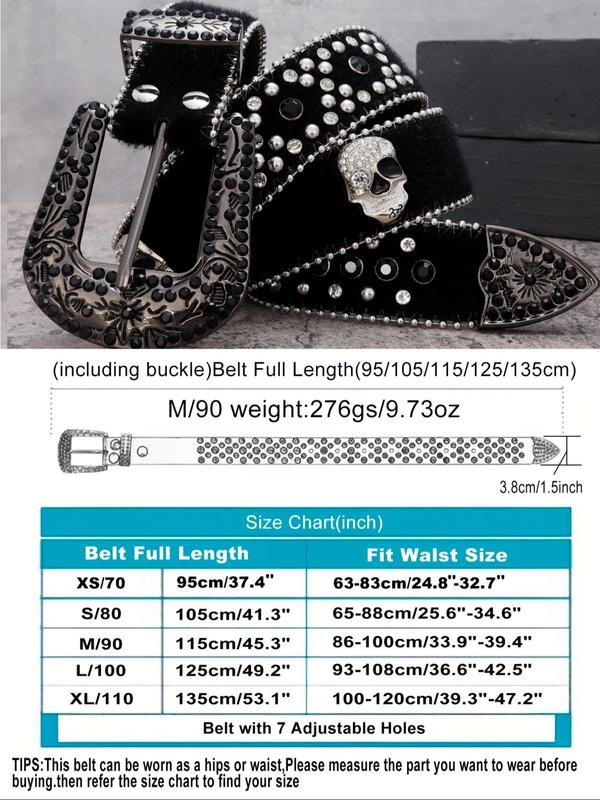 Men's Punk Style Rhinestones & Rivet & Skull Decor Belt, Fashion Belt for Party, Daily Clothing Decor, Trendy All-match & Exquisite Belt for Birthday Gift