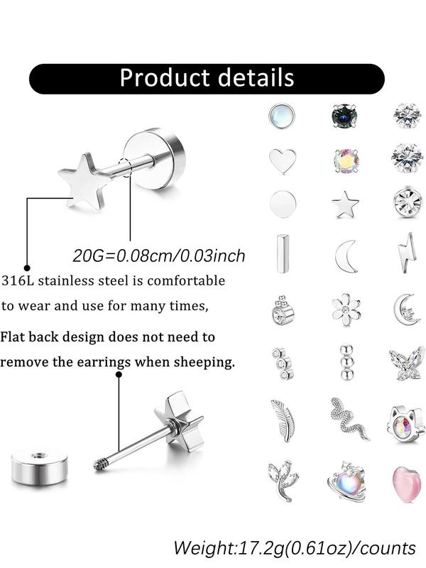 Rhinestone & Heart & Star & Butterfly & Snake Design Stud Earrings, Stainless Steel Earrings for Women & Men, Fashion Jewelry for Party, Daily Decor, Exquisite Jewelry for Birthday Gift