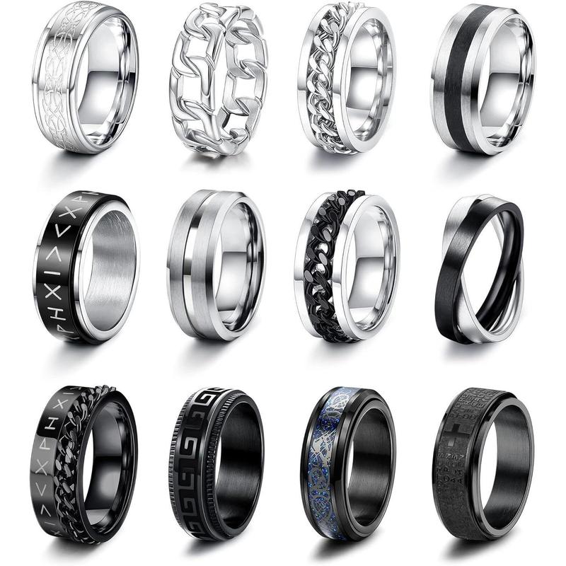 MILACOLATO 12PCS Stainless Steel Band Rings for Men Women Fidget Spinning Chain Ring Fidget Ring Anxiety Relief Ring for Men Fashion Simple Wedding Engagement Black Ring Set Size 7-13 Daily