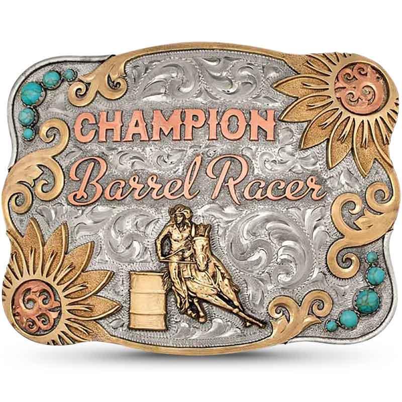 Barrel Racer Belt Buckle | Hand Engraved German Silver, Jeweler Bronze Scrollwork, Coppering Lettering, Turquoise Stones, Barrel Racer Figure, Western Style