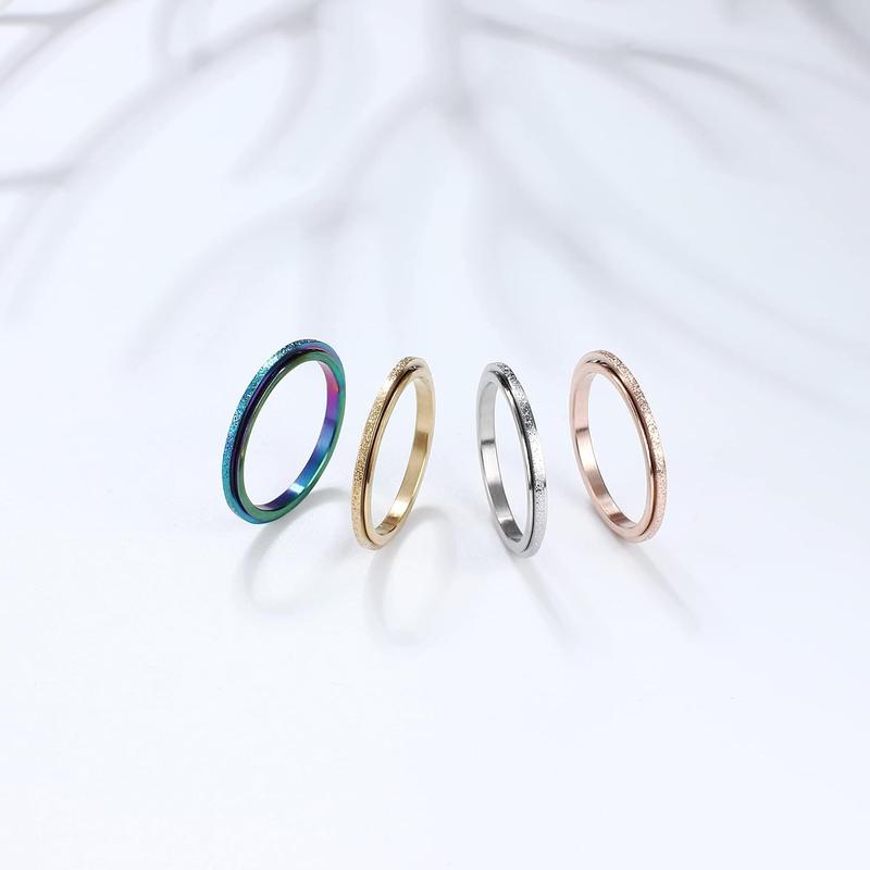 Fidget Rings for Women Men -2 4mm Titanium Steel Spinner Ring for Anxiety Stress Relief Glitter Sandblast Spinning Figit Anxiety Jewelry for Women Gifts