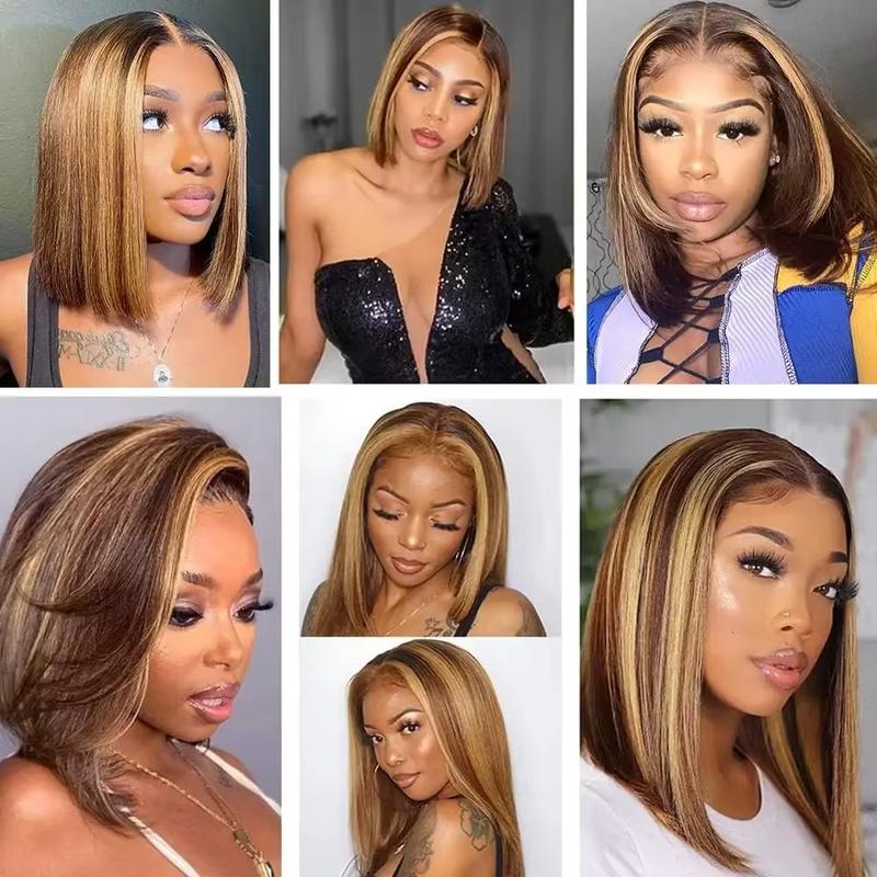 P4 27 Highlight Ombre 13x4 Transparent Short Bob Straight wigs 200% Density Brazilian Human Hair Lace Front Wigs 10-14 inch