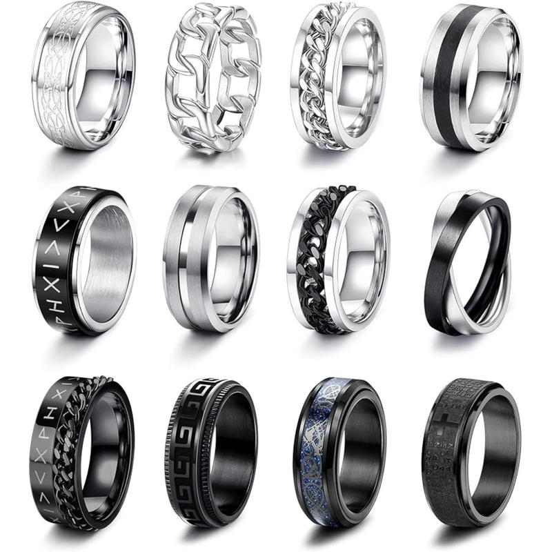 MILACOLATO 12PCS Stainless Steel Band Rings for Men Women Fidget Spinning Chain Ring Fidget Ring Anxiety Relief Ring for Men Fashion Simple Wedding Engagement Black Ring Set Size 7-13 Daily