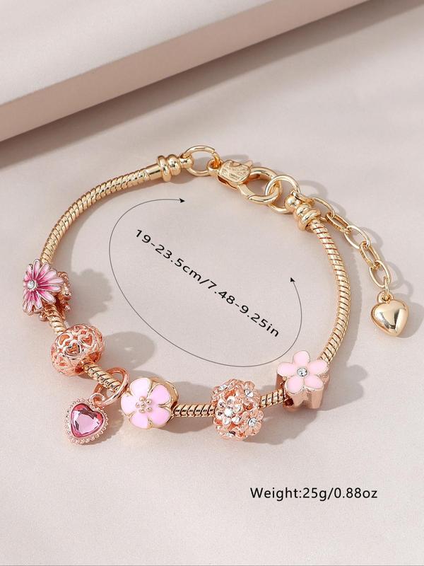 2024 Summer Women's Cute Rhinestones Flower Decorated Link Bracelet, Heart Charm Alloy Jewelry for Women, Classic Fashion Accessories for Daily, Back To School Gifts for Women and Girls