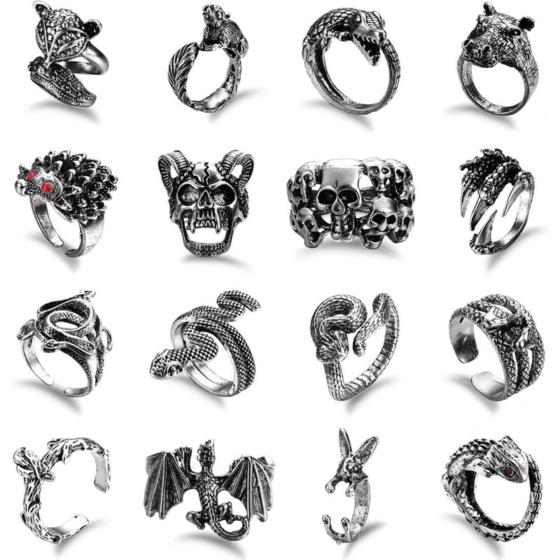 ORAZIO 16 counts Gothic Open Rings Set for Men Women Punk Adjustable Snake Dragon Claw Animal Rings Vintage Goth Skull Rings Indie Aesthetic