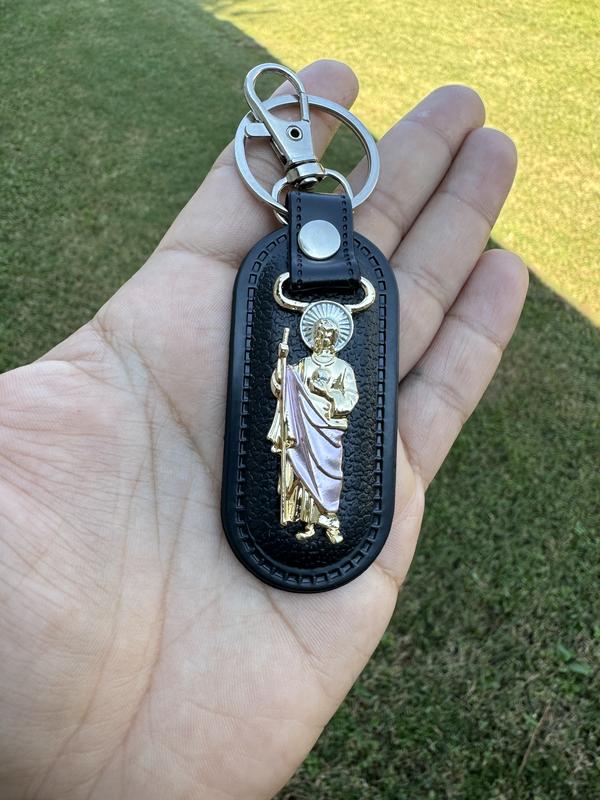 keychain San Judas tadeo stainless steel and leather