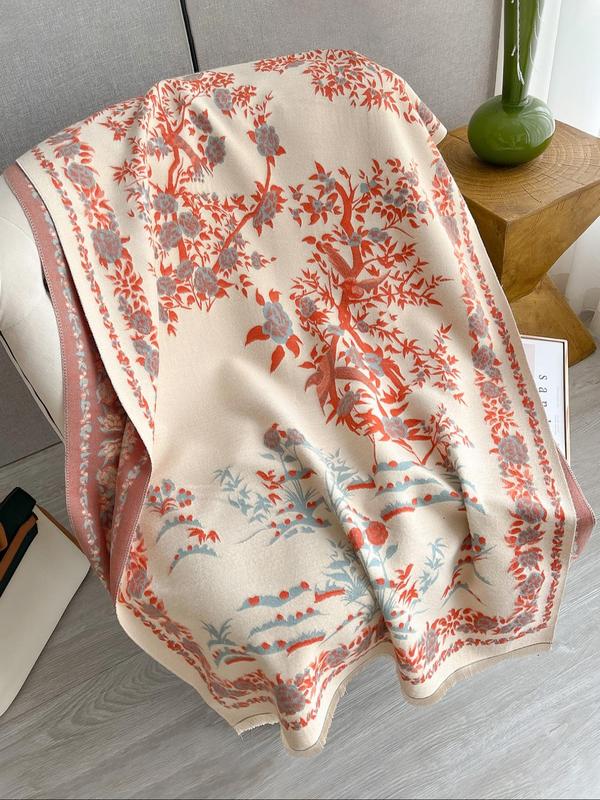 Women's Floral Print Tassel Decor Shawl, Casual Soft Warm Thick Long Scarf for Fall & Winter, Fashion Accessories for Women & Girls