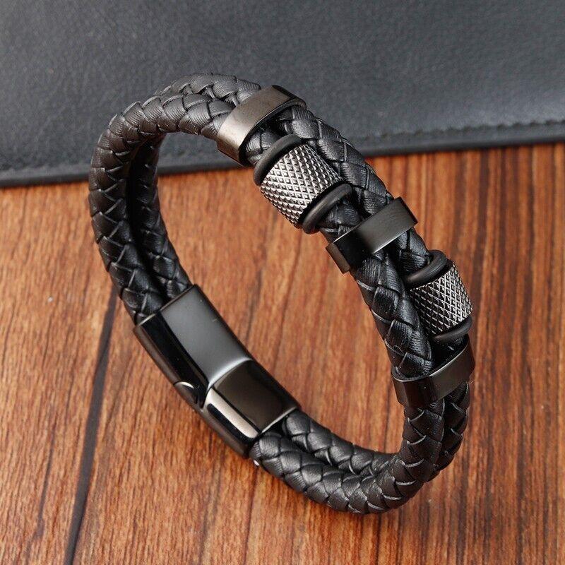 Men's Leather Braided Bracelet Titanium Steel Bangle Multilayer Braided Wristband Boho Style Magnetic Closure for Daily Use Valentine's Day Gift for him