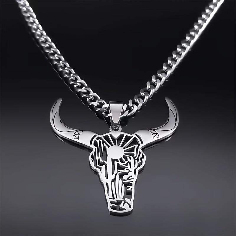 Trendy western cowboy style stainless steel bull head pendant necklace jewelry, gift for men