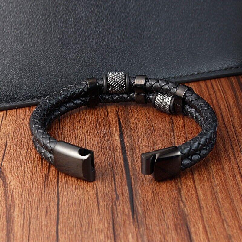 Men's Leather Braided Bracelet Titanium Steel Bangle Multilayer Braided Wristband Boho Style Magnetic Closure for Daily Use Valentine's Day Gift for him