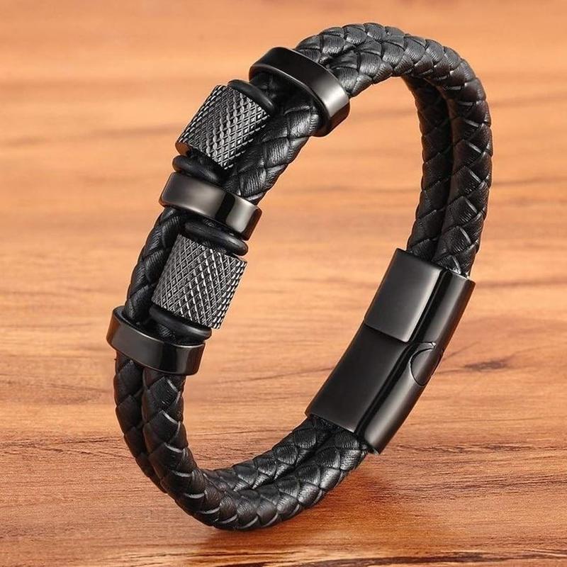 Men's Leather Braided Bracelet Titanium Steel Bangle Multilayer Braided Wristband Boho Style Magnetic Closure for Daily Use Valentine's Day Gift for him