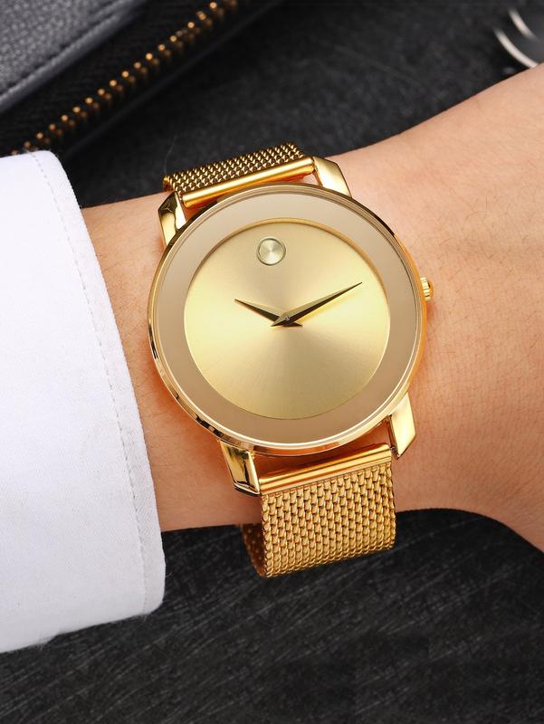 Fashionable Simple Watch With Mesh Strap, Classic Waterproof Gold Round Dial Men's Wristwatch