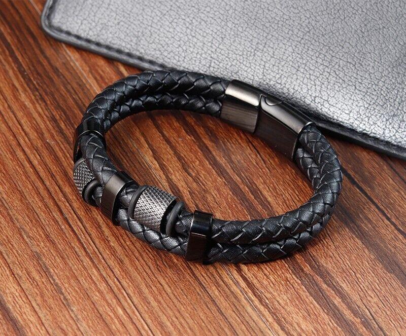 Men's Leather Braided Bracelet Titanium Steel Bangle Multilayer Braided Wristband Boho Style Magnetic Closure for Daily Use Valentine's Day Gift for him