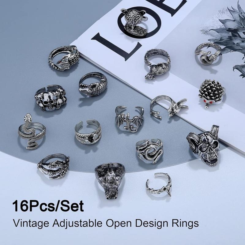 ORAZIO 16 counts Gothic Open Rings Set for Men Women Punk Adjustable Snake Dragon Claw Animal Rings Vintage Goth Skull Rings Indie Aesthetic