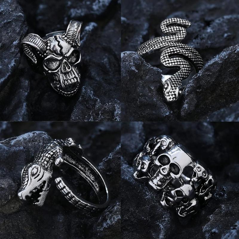 ORAZIO 16 counts Gothic Open Rings Set for Men Women Punk Adjustable Snake Dragon Claw Animal Rings Vintage Goth Skull Rings Indie Aesthetic