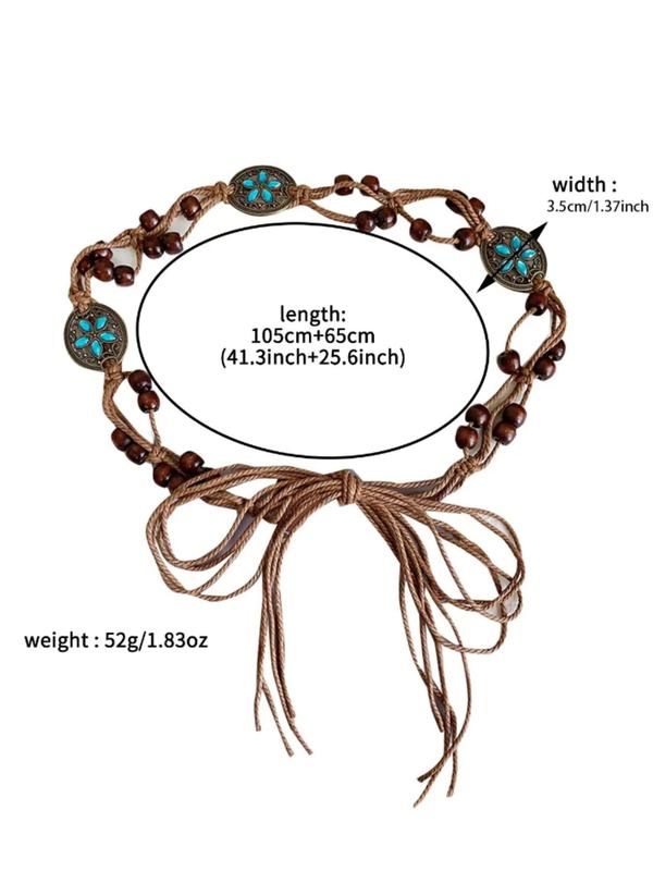 Women's Boho Style Beaded & Flower & Hollow Out Design Belt, Vintage Trendy Waist Belt, Fashionable Streetwear Clothes Accessories for Daily & Party Outfits