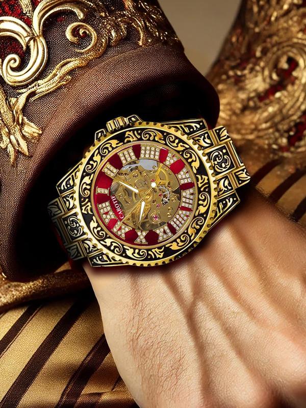 Men's Vintage Round Dial Mechanical Watch, Fashion Rhinestone Decorated Watch for Party, Daily Decor, Trendy All-match & Exquisite Watch for Birthday Gift with Random Box