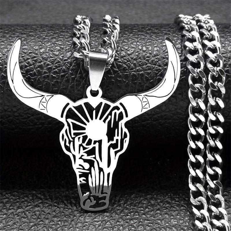 Trendy western cowboy style stainless steel bull head pendant necklace jewelry, gift for men