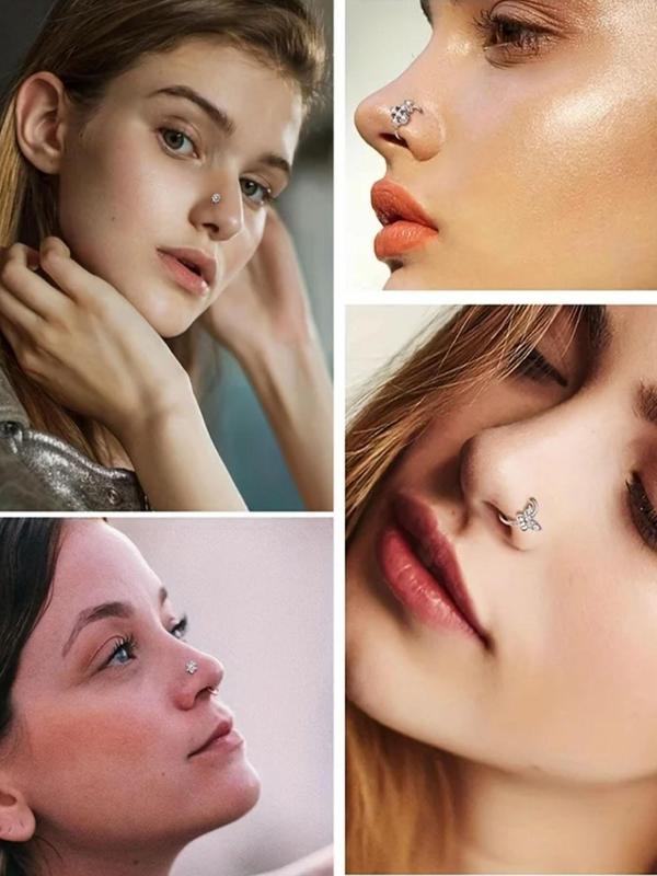 Women's Elegant Rhinestone Decor Nose Ring, Fashionable Butterfly & Flowers & Heart Decor Nose Ring for Women & Girls, Body Jewelry for Party, Daily Decor, Trendy All-match Jewelry for Gift