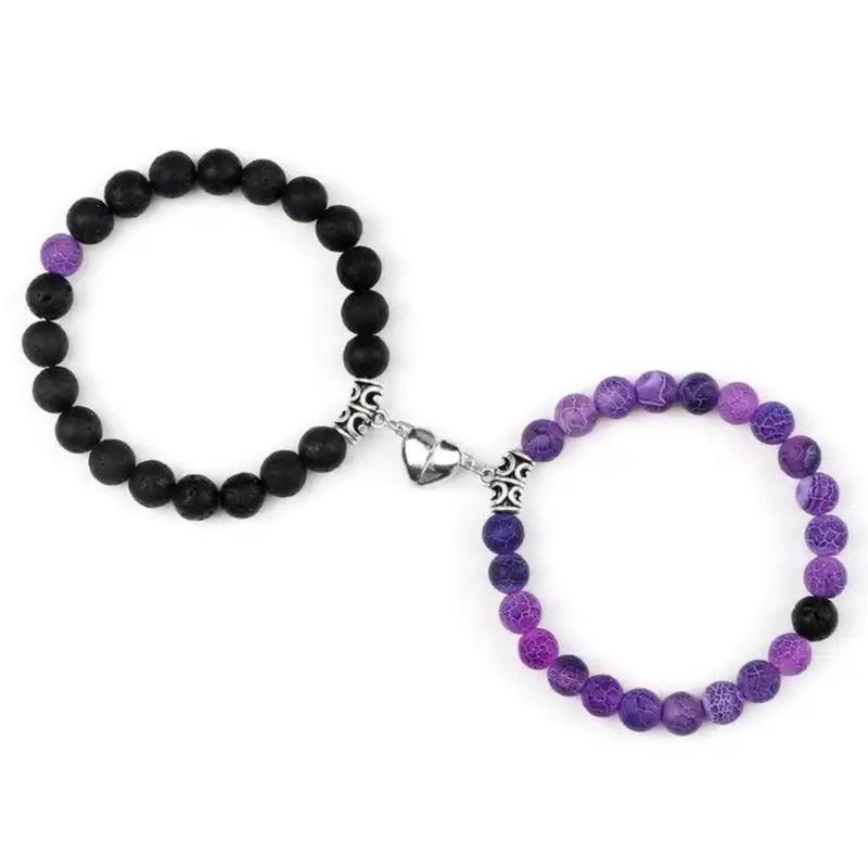 2 Pcs Couples Bracelet Magnetic Healing Stone Stretch Cord Friendship Bracelet for Men & Women