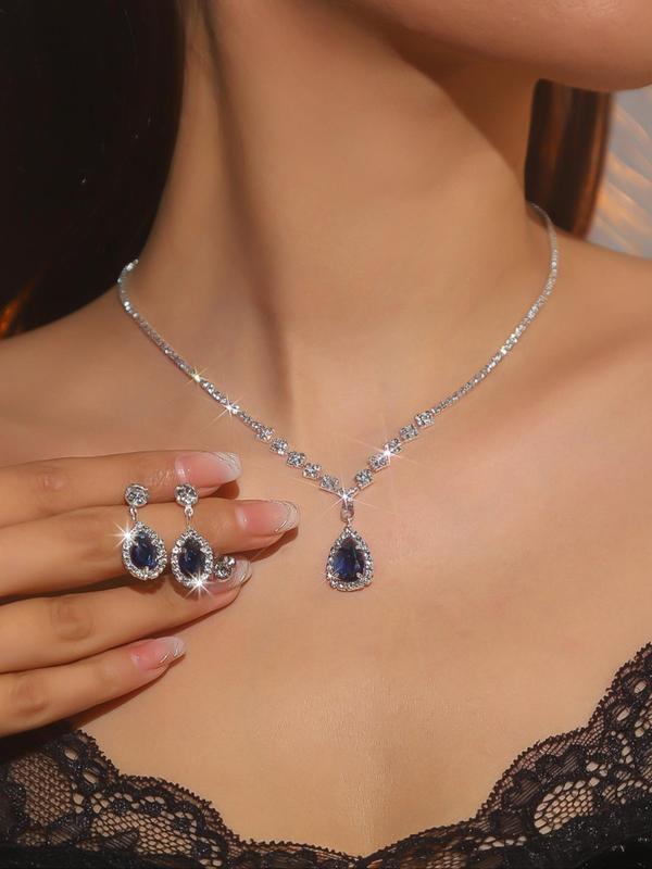 Elegant Rhinestone Decorated Pendant Necklace & Dangle Earrings, Luxury Gorgeous Jewelry Set for Party Wedding, Fashion Accessories for Women