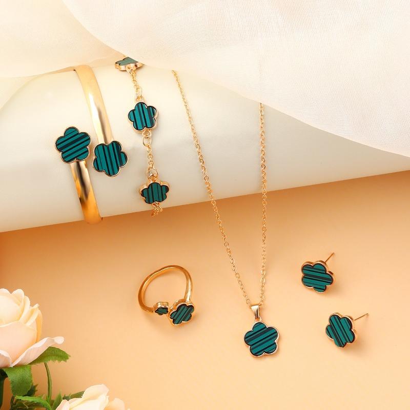 Lucky Flower Design Jewelry Set, Fashion Necklace & Ring & Bracelet & Earrings, Casual Jewelry Set for Women, Trendy All-match & Exquisite Jewelry Set for Gift