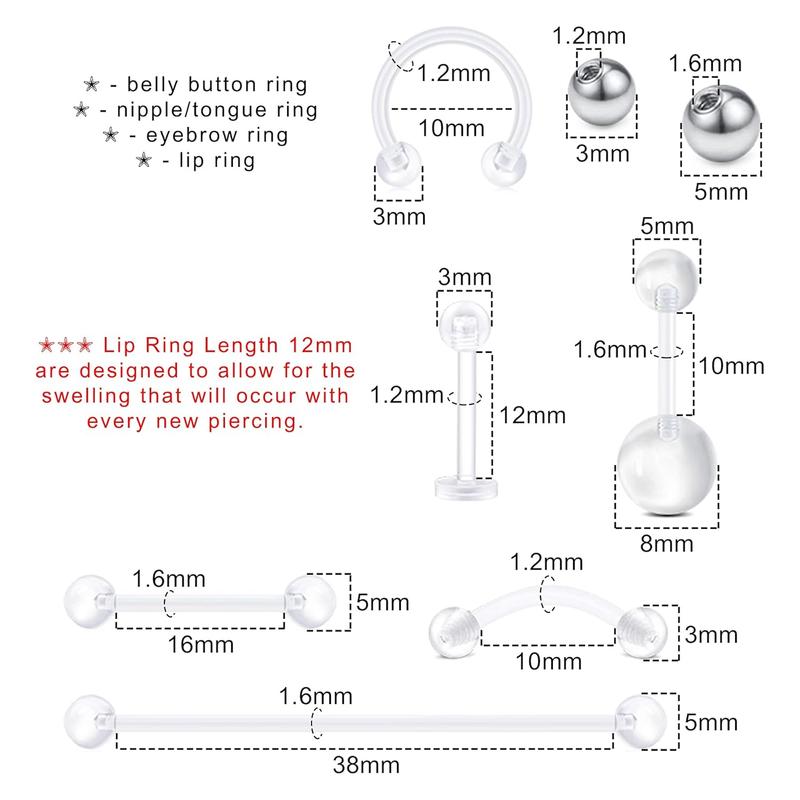 76PCS Clear Piercing Kit Retainer,14G 16G 18G Piercing Needles for Nose Septum Flexible Bioflex Plastic Cartilage Helix Daith Rook Tragus Nipple Piercing Piercing Kit