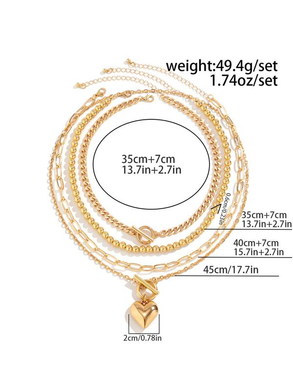 Women's Punk Style Heart Necklace & Chain Necklace & Beaded Necklace, 4pcs set Trendy OT Buckle Design Matching Necklaces, Chic All-match Jewelry As Gift for Girlfriend