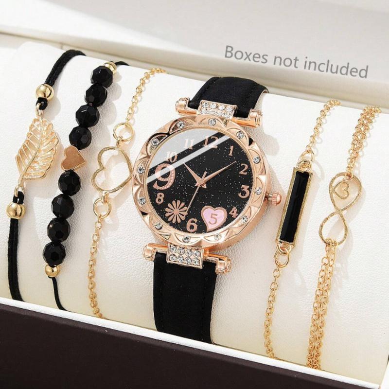 6pcs Ladies Watch Casual & Fashionable Women's Pu Leather Strap Quartz Wristwatch With Heart Pattern Plus Bracelet & Wristband Set For Ladies