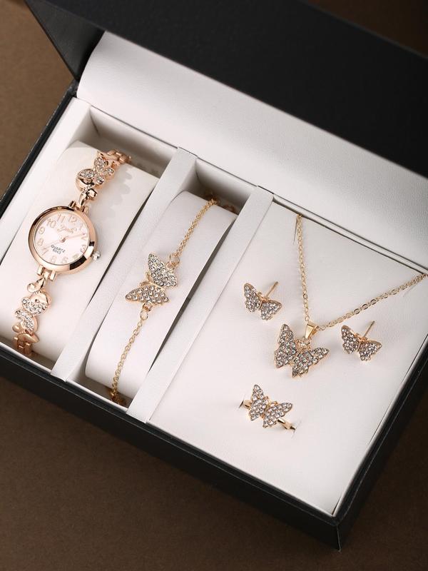 Women's Elegant Rhinestone Decorated Quartz Watch & Butterfly Design Necklace & Bracelet & Earrings & Ring, Fashionable Watch Set As Gift without Box