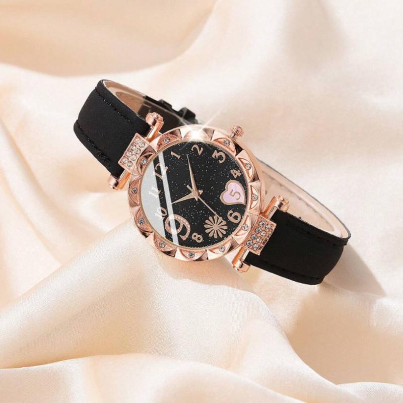 6pcs Ladies Watch Casual & Fashionable Women's Pu Leather Strap Quartz Wristwatch With Heart Pattern Plus Bracelet & Wristband Set For Ladies