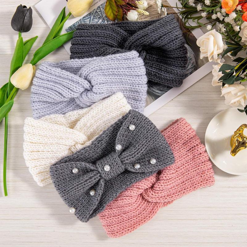 5 Count Winter Knit Headbands Chunky Knit Headbands,4 Elastic Turban Head Wraps and 1 Crochet Hair Band, Ear Warmer Crochet Head Wraps for Women Girls (Pink & Gray Colors)