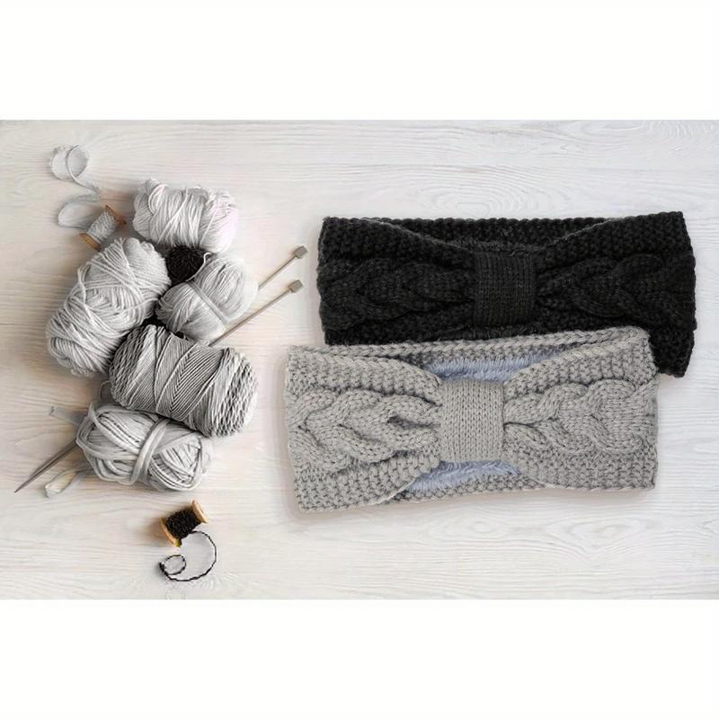 2 Pcs set Ribbed Fleece Knitted Headband Solid Color Elastic Ear Warmer Headband Classic Bow Hair Band Suitable for Ladies Daily Use Autumn and Winter