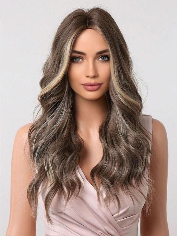 22 Inch Brown Highlight Long Wavy Wigs for Women, Gorgeous Fluffy Wigs, Synthetic Full Machine Wigs for Party, Daily Use