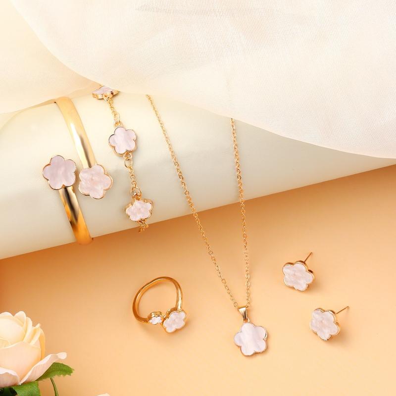 Lucky Flower Design Jewelry Set, Fashion Necklace & Ring & Bracelet & Earrings, Casual Jewelry Set for Women, Trendy All-match & Exquisite Jewelry Set for Gift