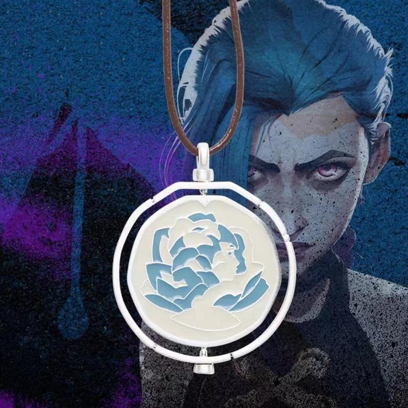 Arcane Season 2 Same Style Jinx Coen Ekko Head Portrait Rotating Blue Rose Pendant Necklace Lovers Friends Gifts