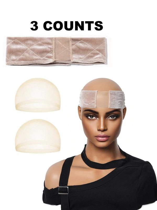 Women's Wig Grip Band & 2pcs Hd Wig Cap for Wig Wearing, 1 Set Adjustable Headband with Transparent Lace, Non Slip Velvet Wig Grip Band