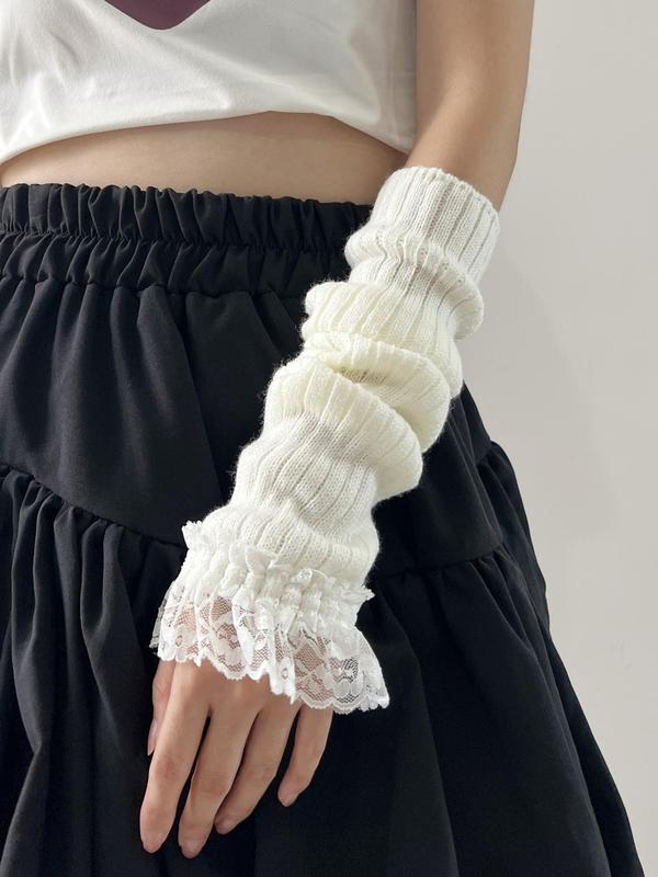 Women's Cute Lace Arm Sleeves, 1 Pair Y2k Style Simple Plain Knitting Gloves, Casual Trendy Gloves for Daily Use