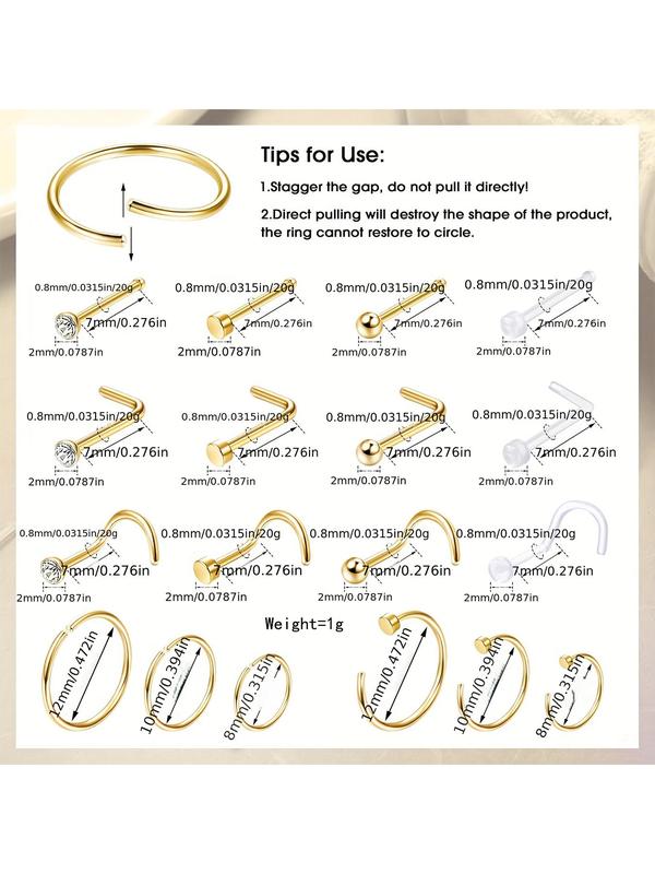 18pcs Stainless Steel Nose Ring, Nose Rings for Women & Men, Nose Cuff Rings, Transparent Nose Rings for Daily Wear, Trendy All-match & Exquisite Jewelry for Birthday Gift