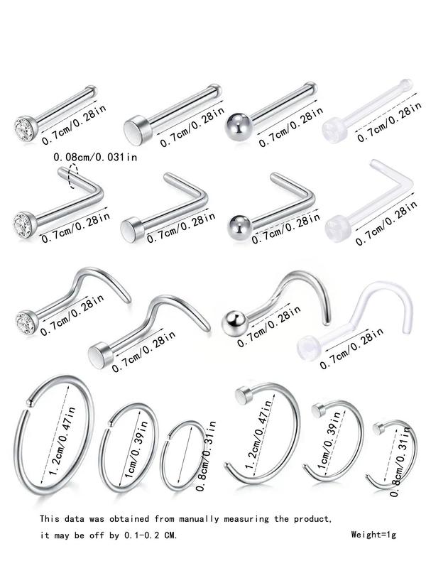 18pcs Stainless Steel Nose Ring, Nose Rings for Women & Men, Nose Cuff Rings, Transparent Nose Rings for Daily Wear, Trendy All-match & Exquisite Jewelry for Birthday Gift