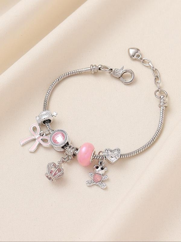 Cute Cartoon Bear & Heart & Crown Design Charm Bracelet, Rhinestone Decor Adjustable Link Bracelet, Fashion Accessories for Women & Girls